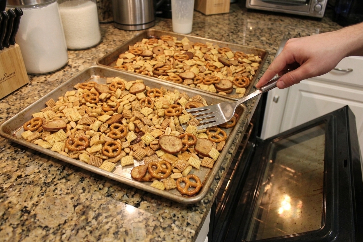 A hand using a spatula to stir Chex Mix on a baking sheet near an open oven, warm kitchen lighting