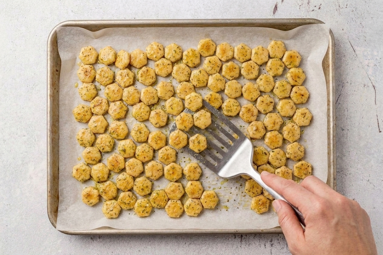 A hand using a spatula to stir ranch-seasoned oyster crackers on a baking sheet halfway through baking
