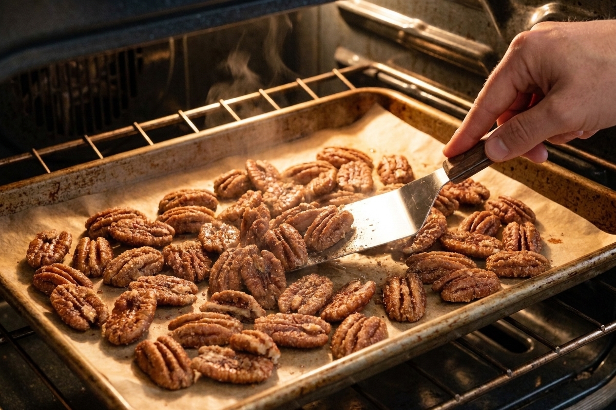 A hand using a spatula to stir sugar and spice pecans on a baking sheet halfway through baking