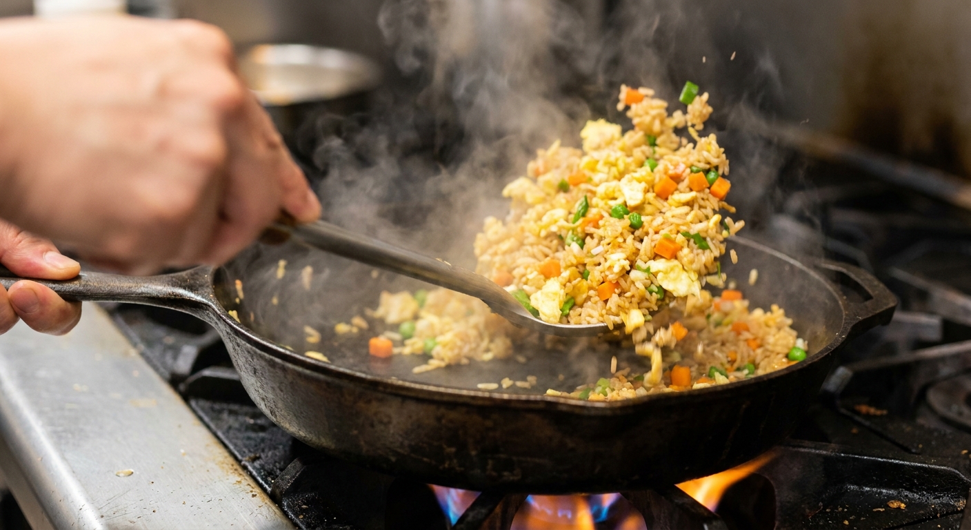 A hand using a spatula to toss fried rice in a hot skillet with visible egg and vegetables, real cooking action photo