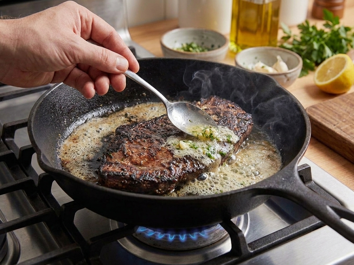 A hand using a spoon to baste foaming butter over a seared flat iron steak in a cast iron skillet