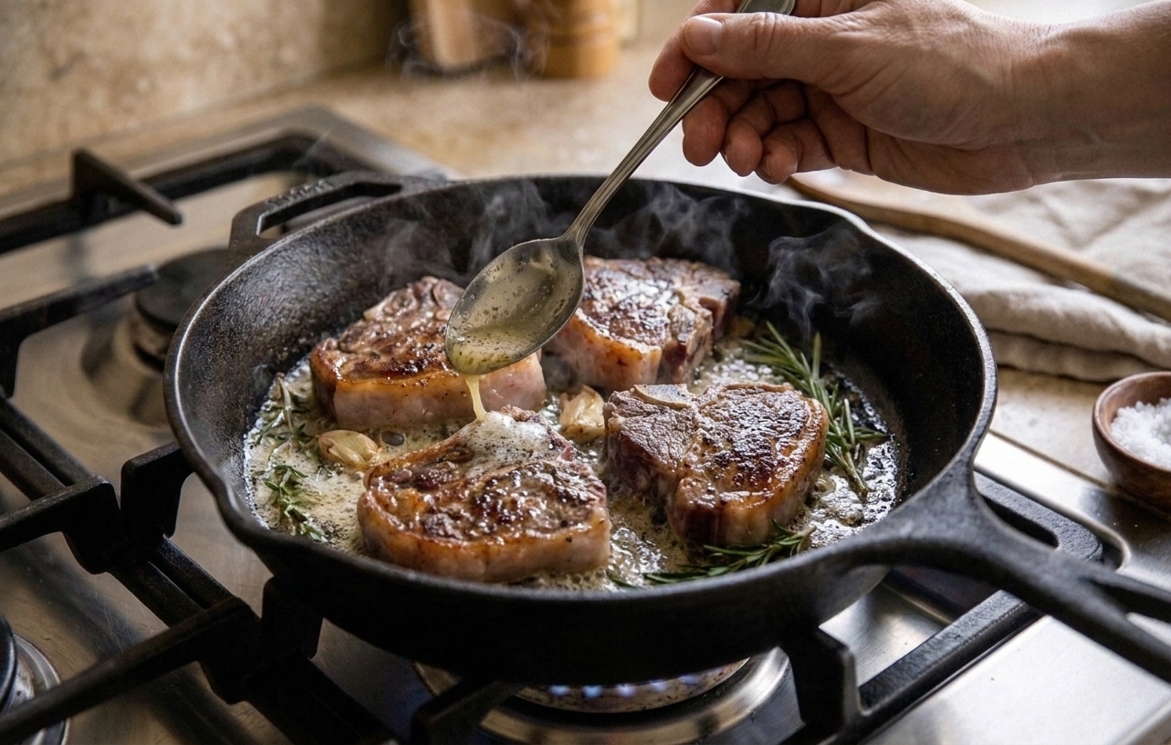 A hand using a spoon to baste lamb loin chops with foamy butter, garlic, and rosemary in a skillet