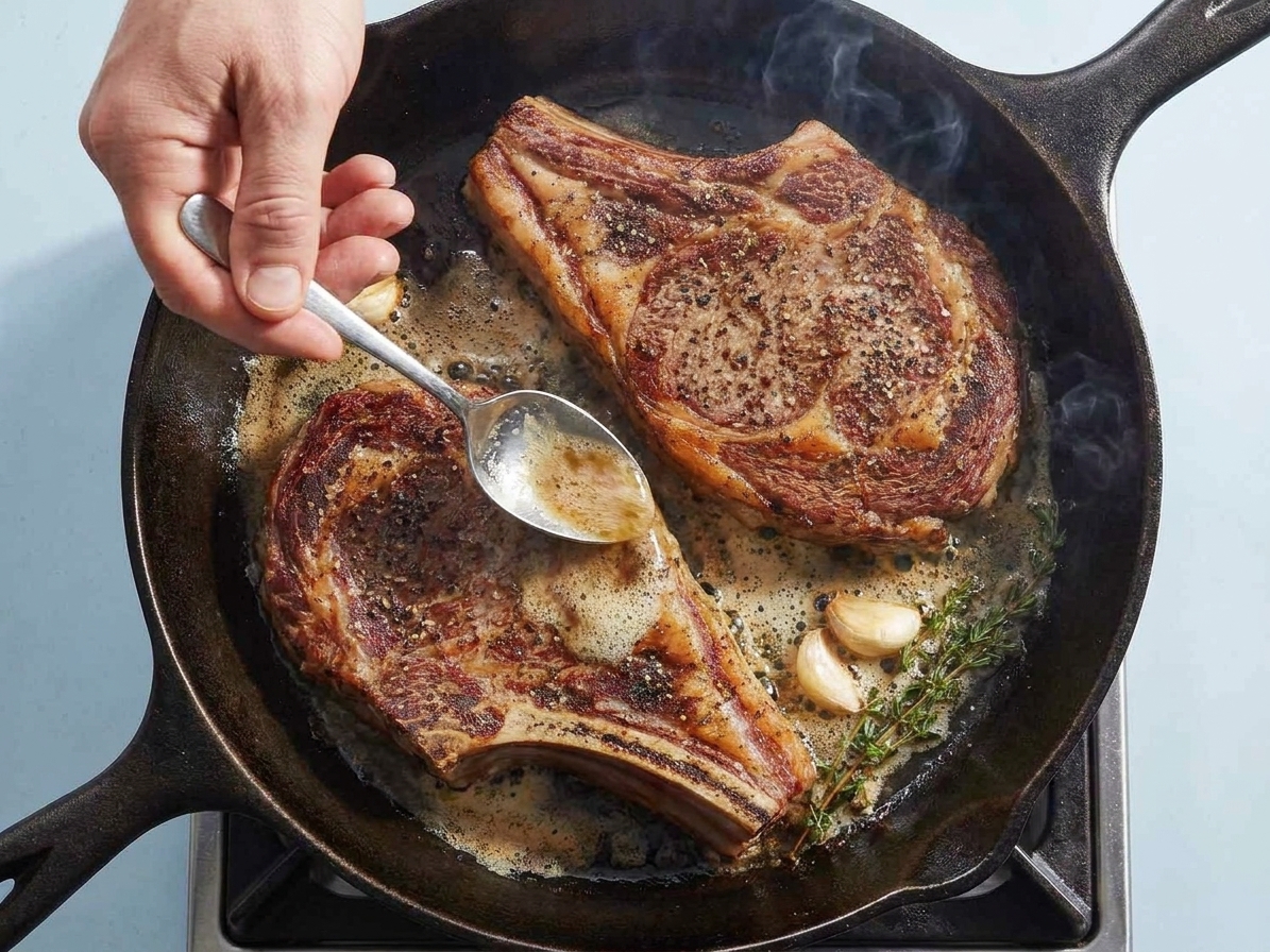 A hand using a spoon to baste steak loin with foaming butter in a skillet with smashed garlic and rosemary