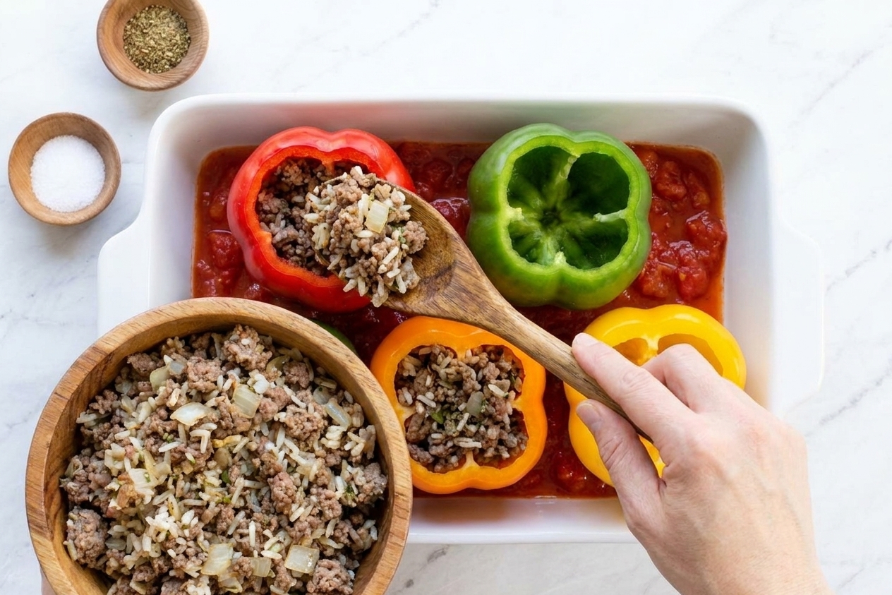 A hand using a spoon to fill a hollowed capsicum with beef and rice mixture over a baking dish of tomato sauce