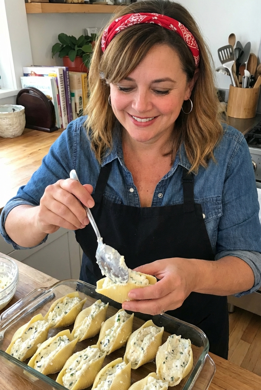 A hand using a spoon to fill a jumbo pasta shell with ricotta cheese mixture over a baking dish