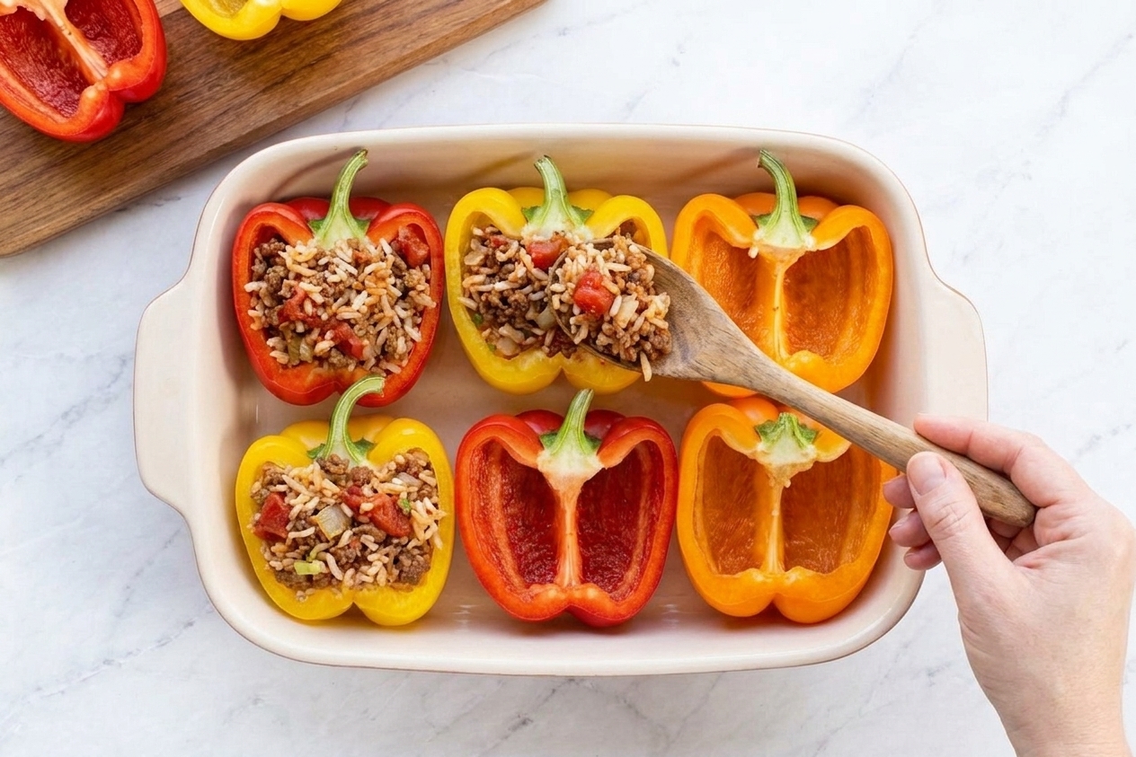 A hand using a spoon to fill par-baked bell pepper halves with a rice and beef mixture in a baking dish on a kitchen counter