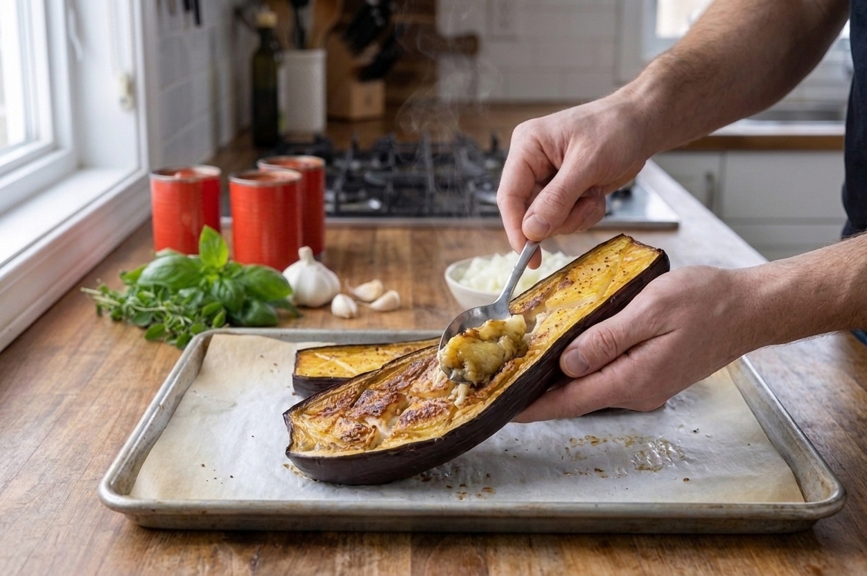 A hand using a spoon to scoop tender roasted eggplant flesh from the center, leaving a sturdy border