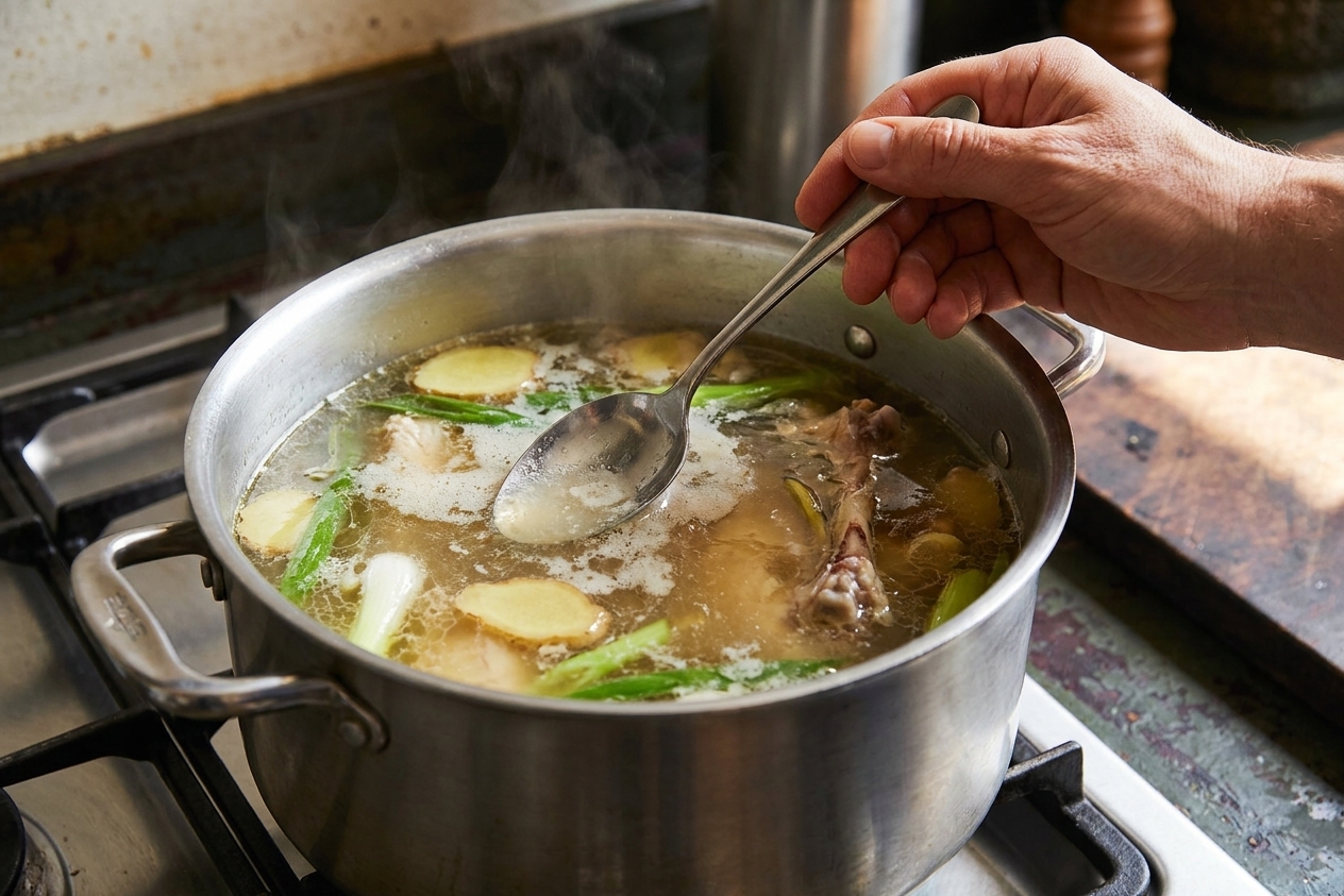 A hand using a spoon to skim light foam from the surface of simmering chicken ramen broth in a stainless pot