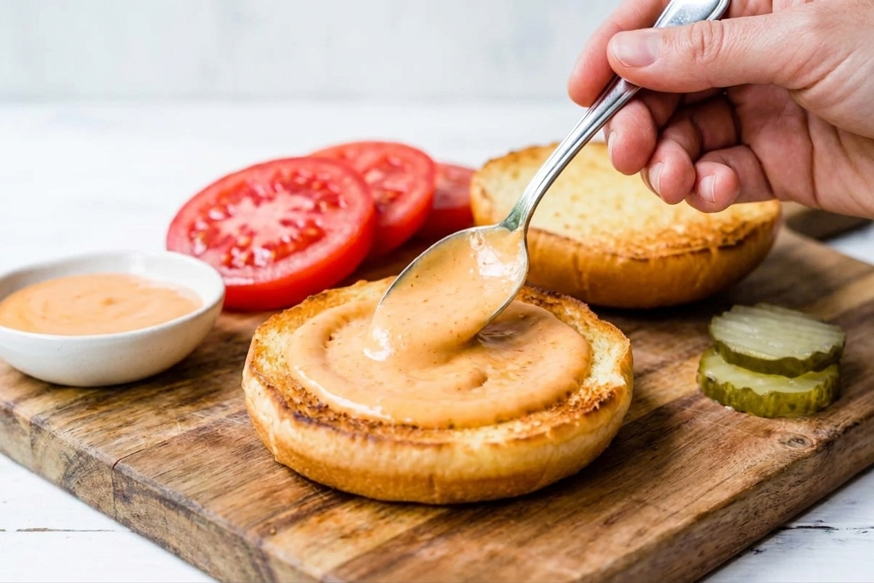 A hand using a spoon to spread creamy burger sauce onto the cut side of a toasted burger bun on a wooden cutting board