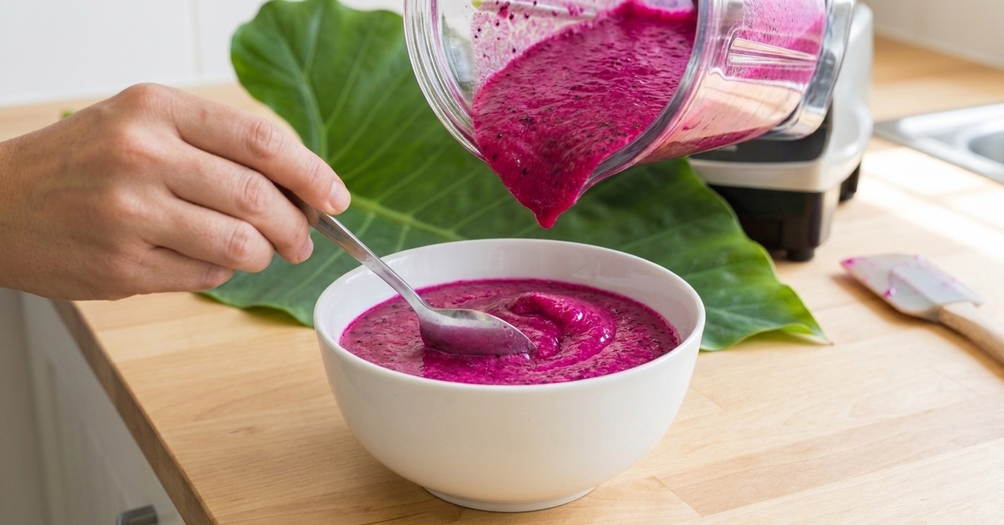 A hand using a spoon to swirl a thick magenta smoothie base into a white bowl on a clean kitchen counter