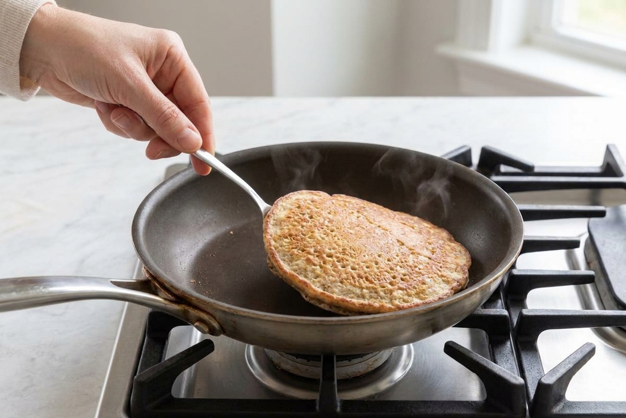A hand using a thin spatula to flip a golden banana oat pancake in a skillet on a home stove