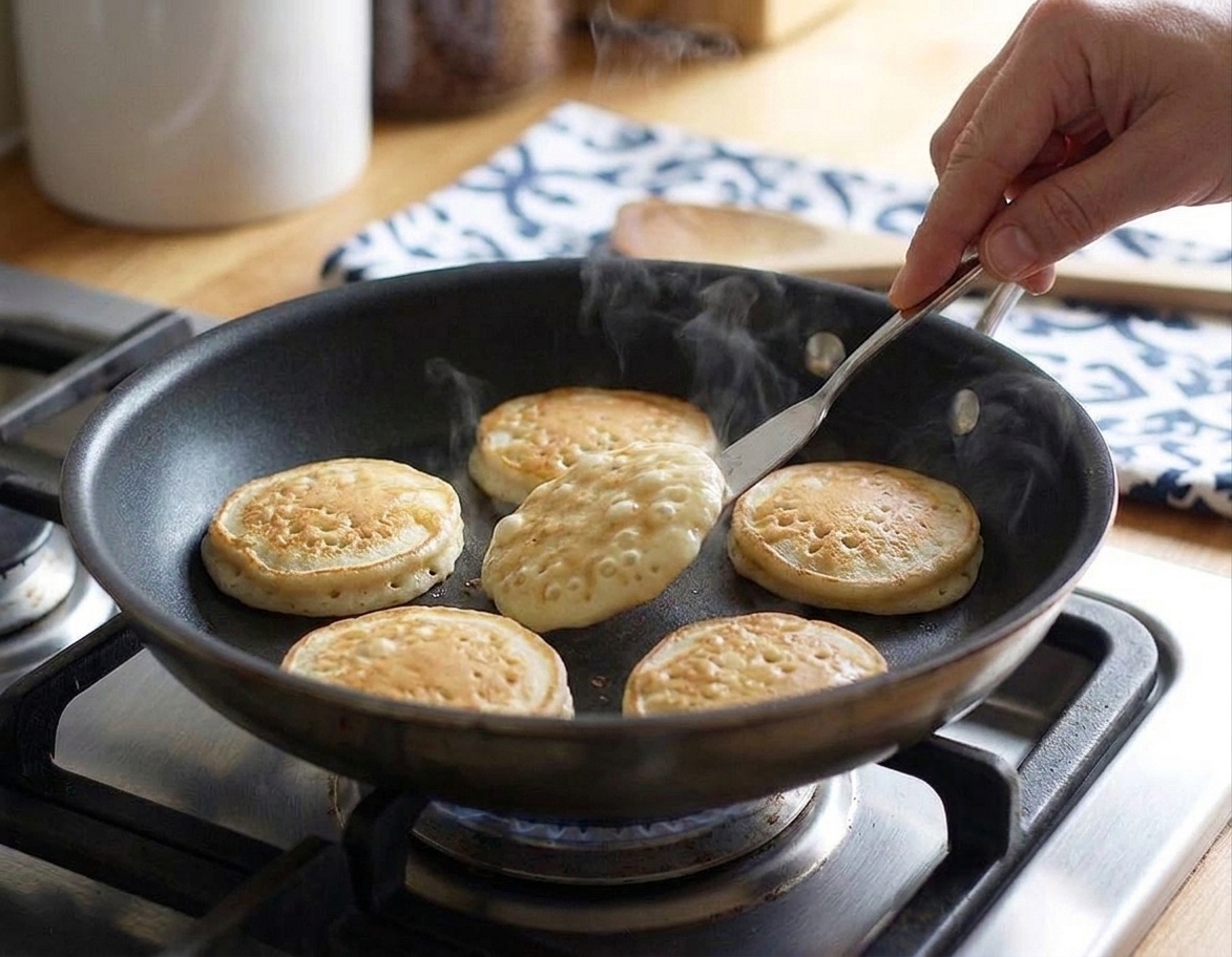 A hand using a thin spatula to flip a golden buttermilk pancake in a skillet on the stovetop