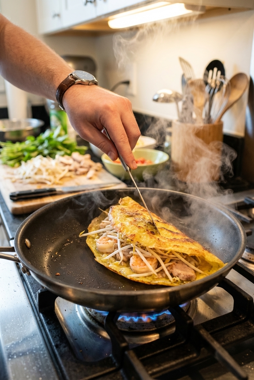 A hand using a thin spatula to fold a crispy banh xeo crepe in half inside a hot nonstick skillet, steam rising