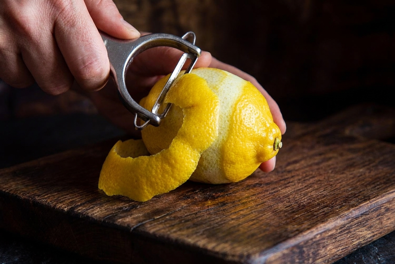 A hand using a vegetable peeler to cut a wide strip of lemon peel on a wooden cutting board