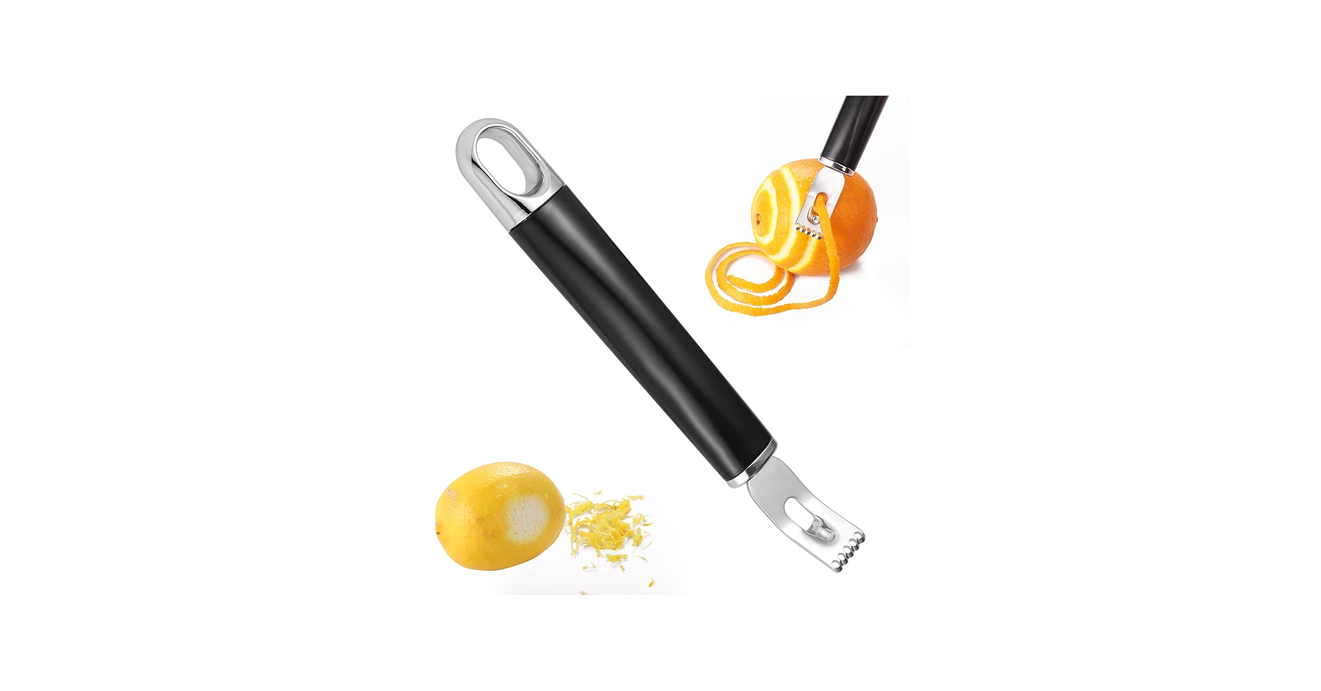 A hand using a vegetable peeler to remove a wide strip of lemon peel on a wooden cutting board