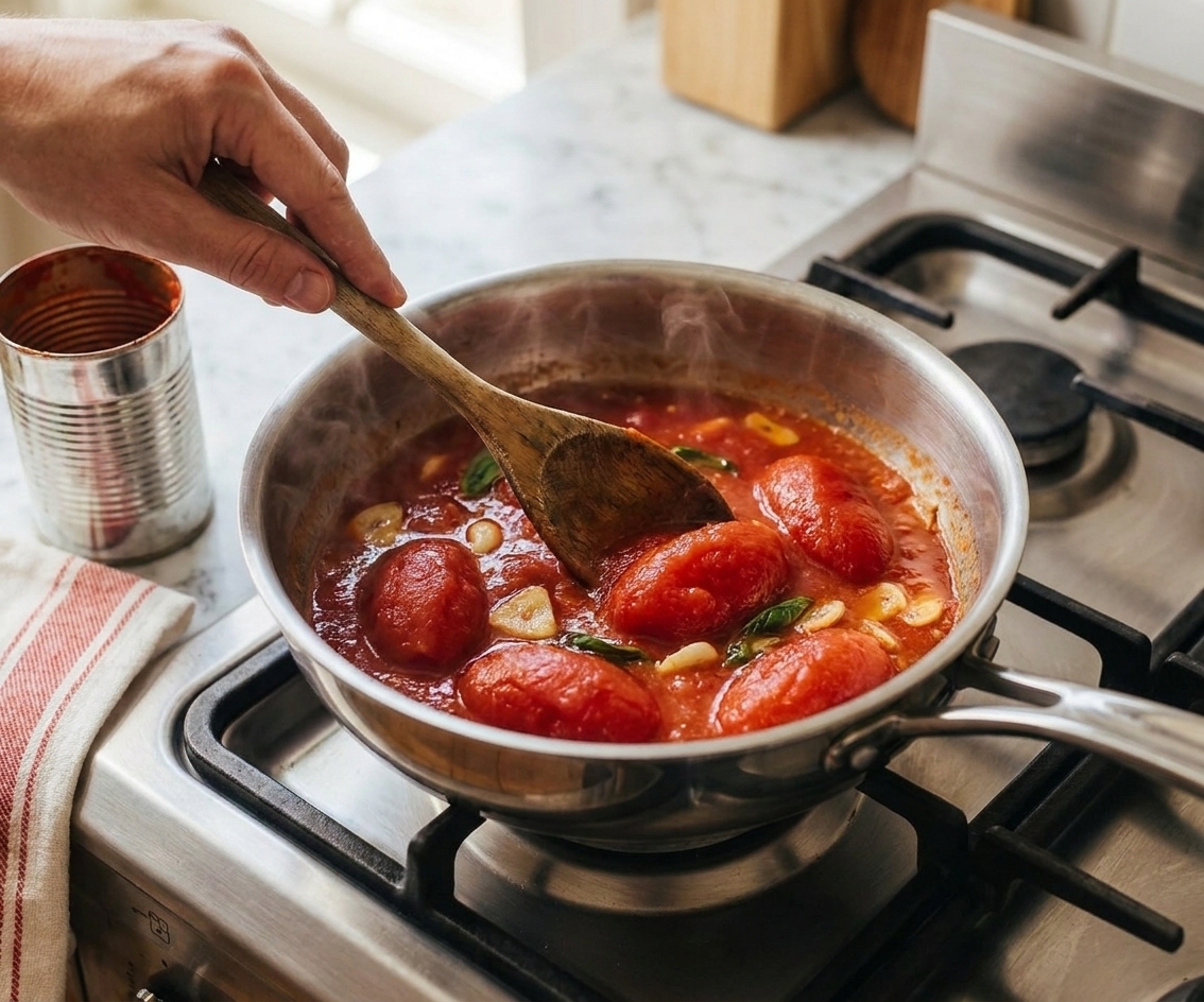 A hand using a wooden spoon to crush whole peeled tomatoes in a saucepan as the sauce begins to simmer