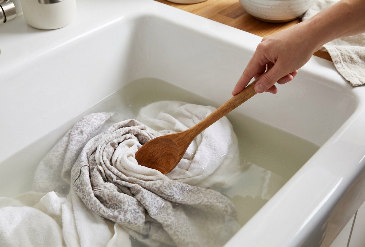 A hand using a wooden spoon to stir a bundle of towels soaking in a bathtub, water slightly cloudy