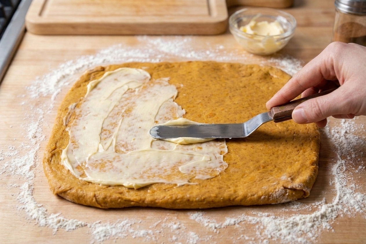 A hand using an offset spatula to spread softened butter over rolled pumpkin dough on a floured counter
