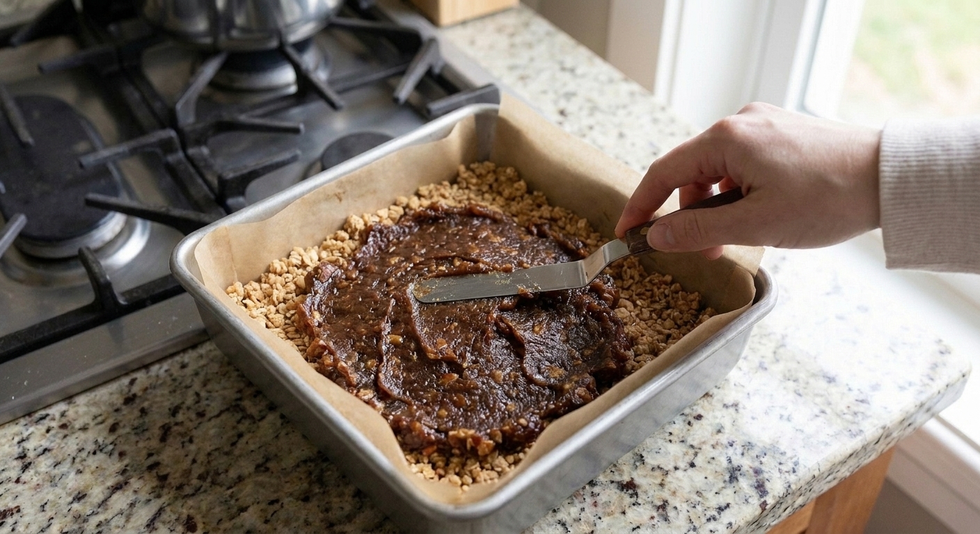 A hand using an offset spatula to spread thick date filling evenly over an oat crust in a parchment-lined baking pan