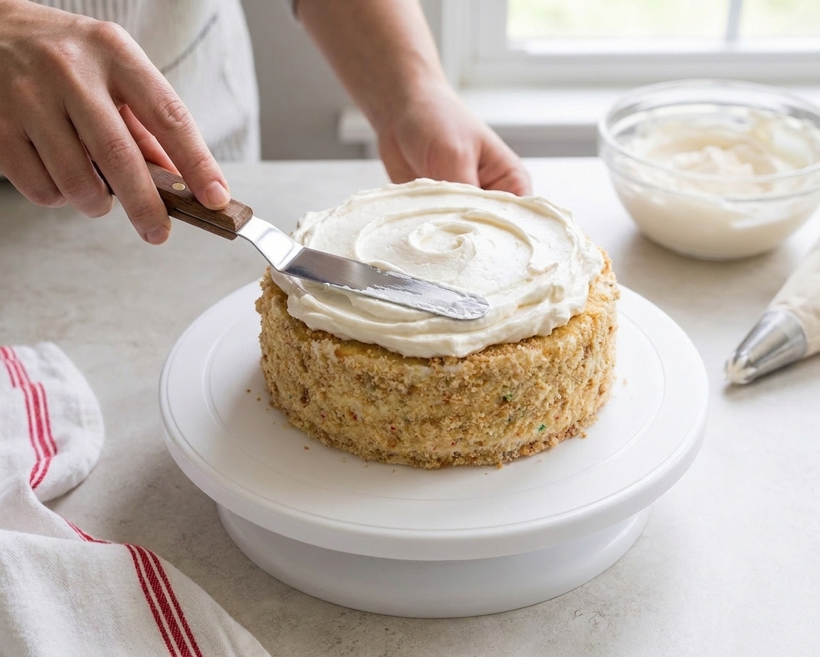 A hand using an offset spatula to spread whipped icing over the top of a small cake on a rotating cake stand