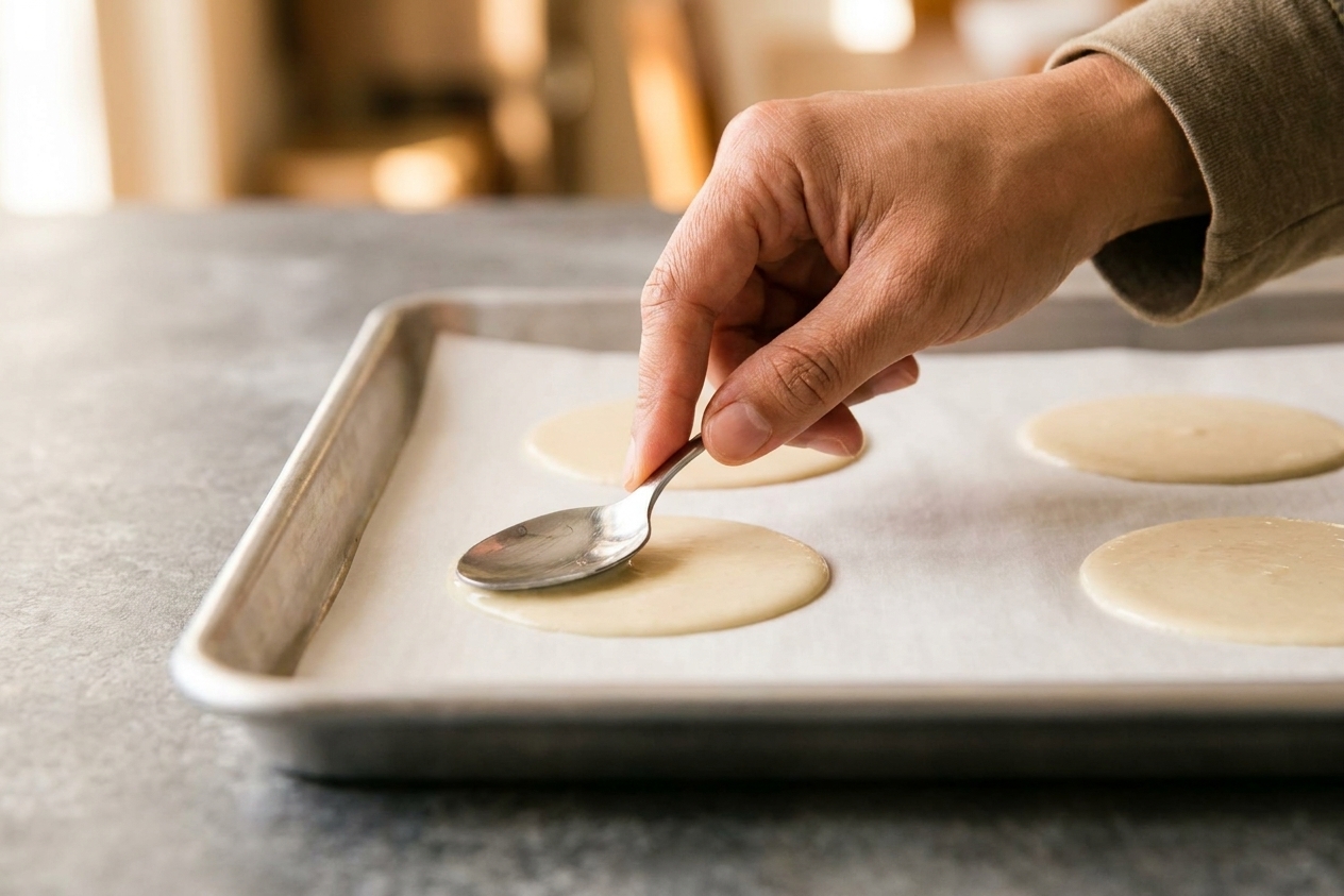 A hand using the back of a spoon to spread thin circles of fortune cookie batter on a parchment lined baking sheet