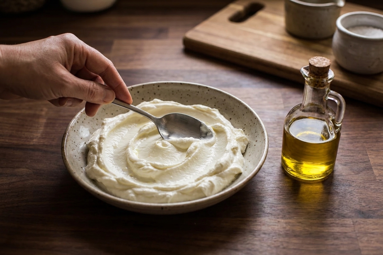 A hand using the back of a spoon to swirl thick labneh in a shallow bowl before drizzling olive oil