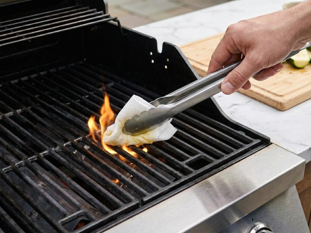 A hand using tongs and a folded paper towel to oil hot grill grates over open flame