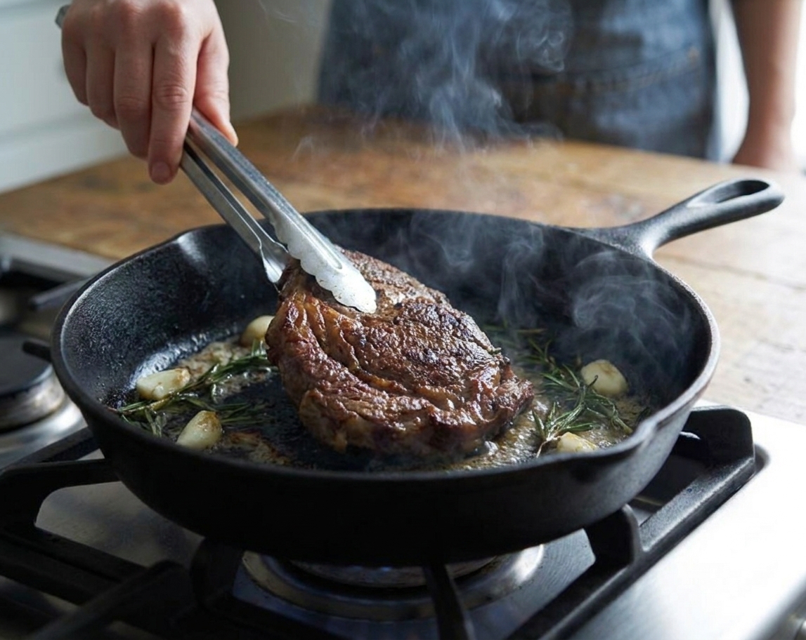 A hand using tongs to flip a steak in a cast iron skillet as the crust forms on the surface