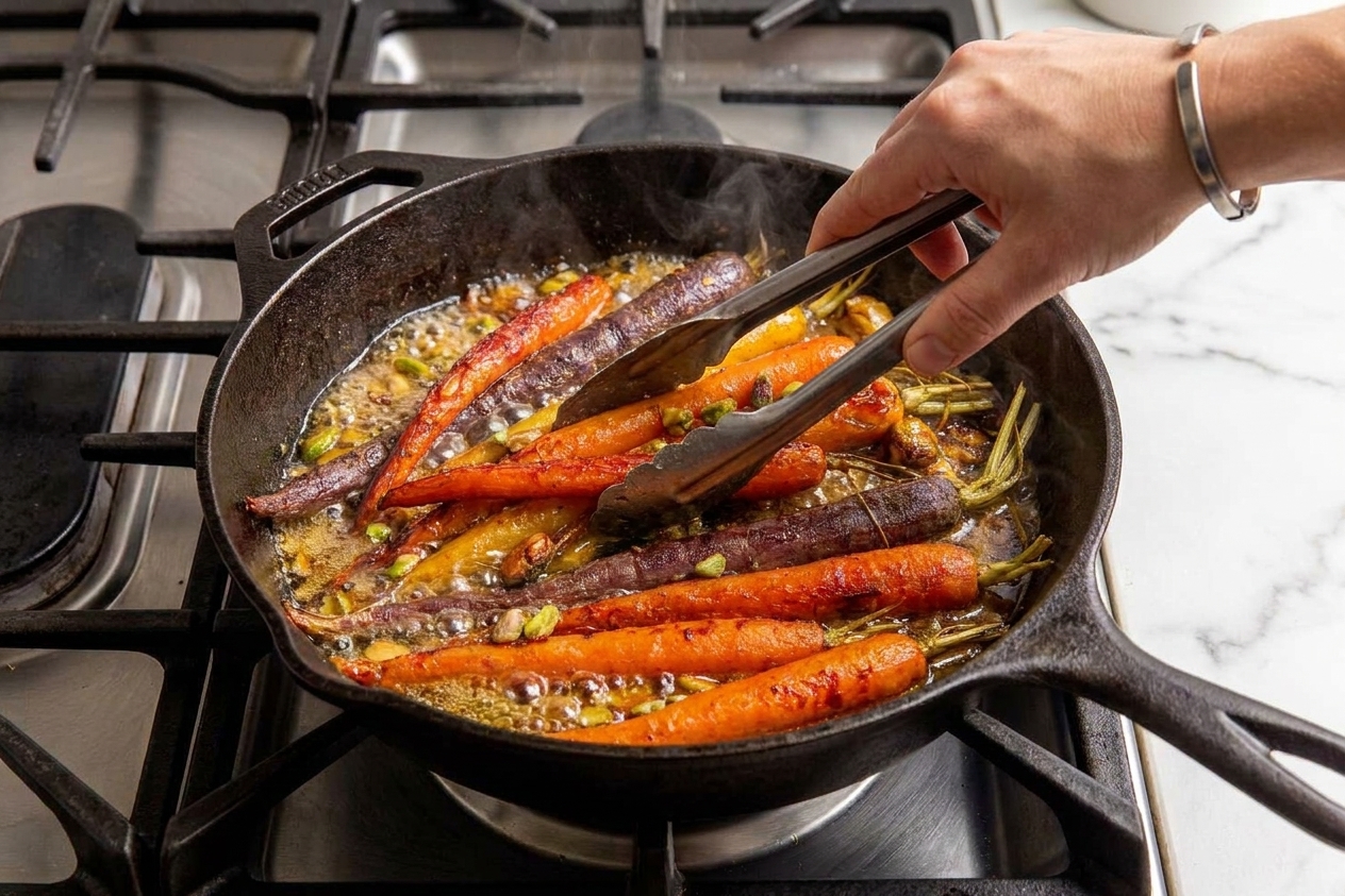 A hand using tongs to toss carrots in a bubbling honey butter glaze in a skillet