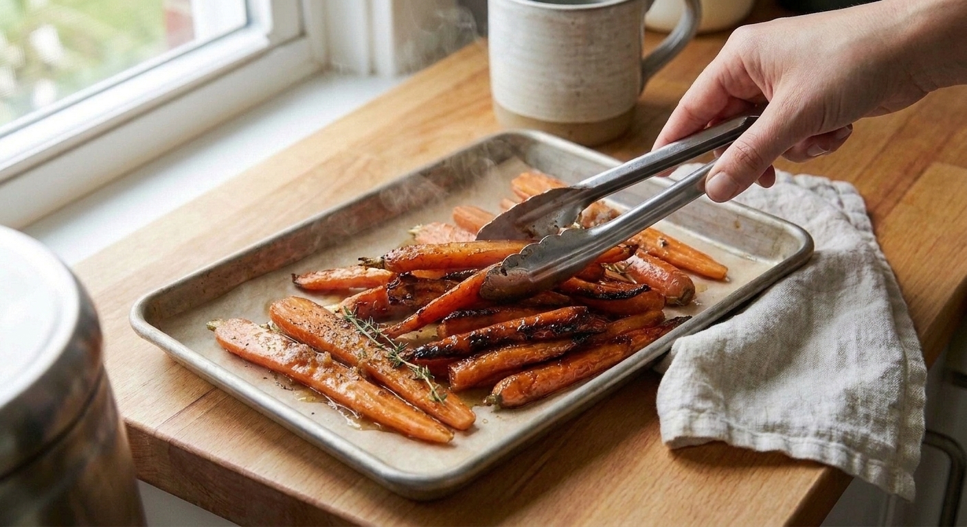 A hand using tongs to toss hot roasted carrots on a sheet pan, with caramelized edges visible