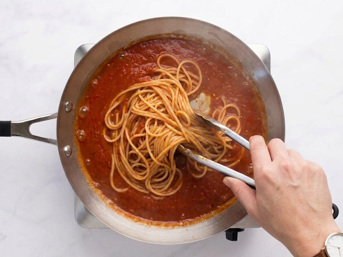 A hand using tongs to toss spaghetti in tomato sauce inside a wide skillet on the stove