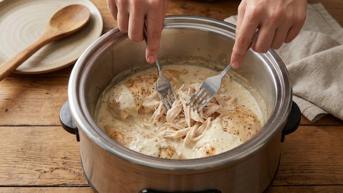A hand using two forks to shred cooked chicken inside a slow cooker with creamy sauce forming
