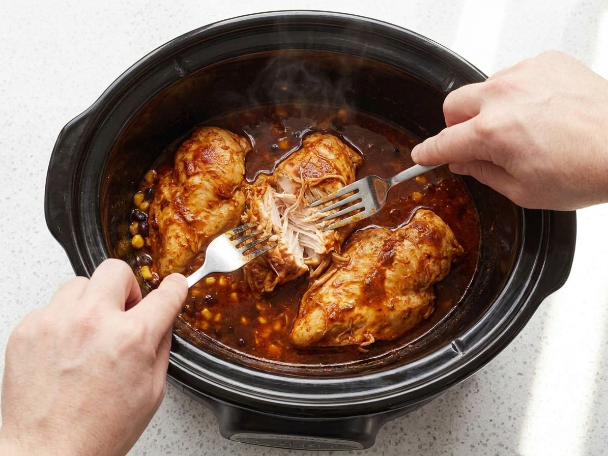A hand using two forks to shred tender taco-seasoned chicken inside a slow cooker insert
