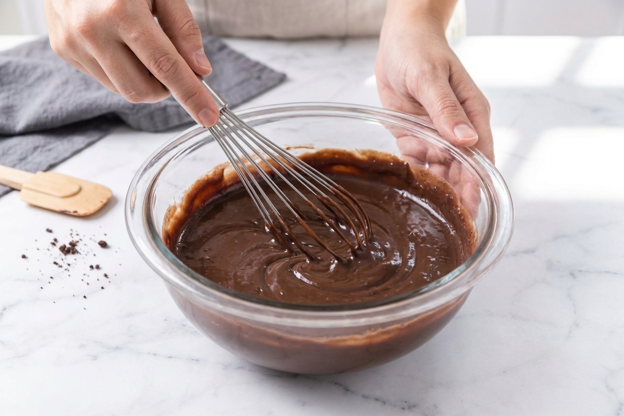 A hand whisk stirring chocolate pudding in a mixing bowl until smooth and thick