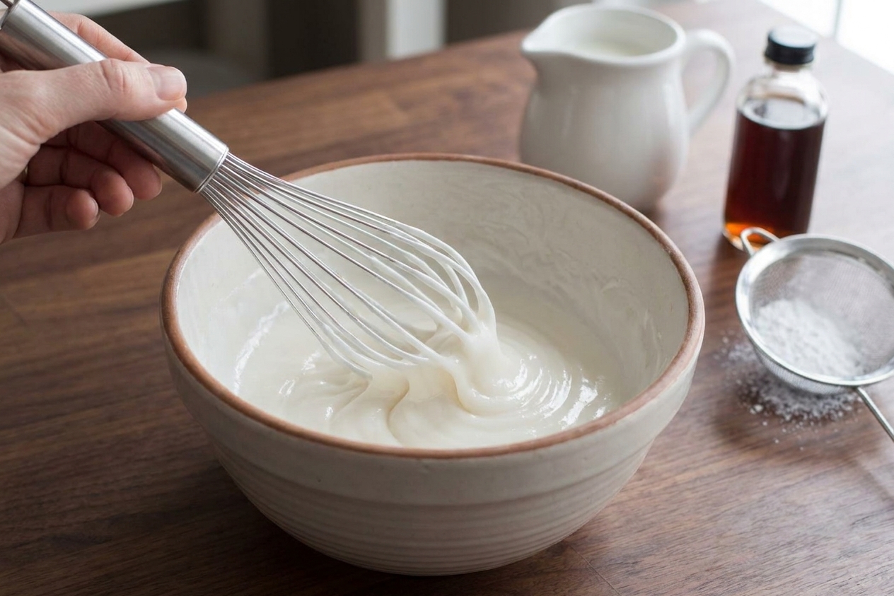 A hand whisk stirring glossy powdered sugar icing in a white mixing bowl on a kitchen counter