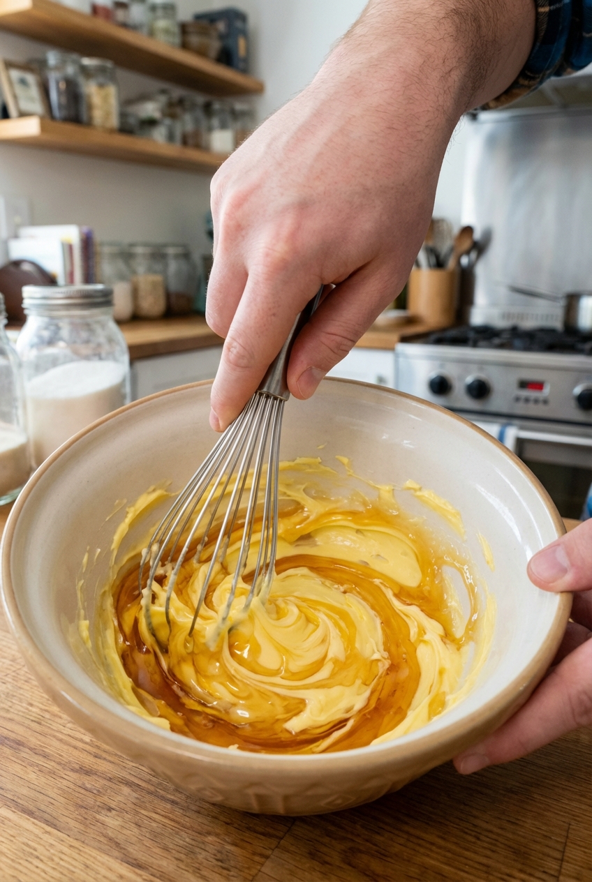 A hand whisk whipping softened butter and honey in a mixing bowl on a kitchen counter