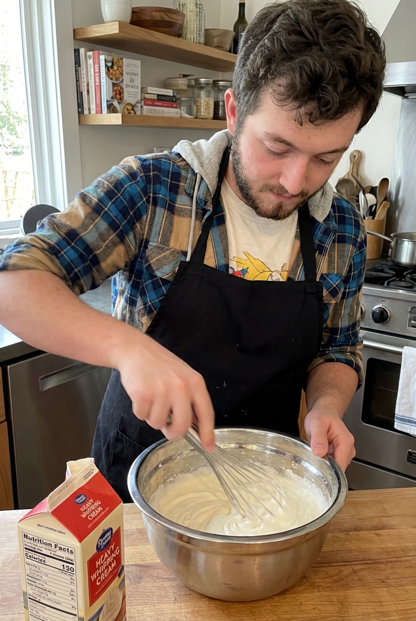 A hand whisk whipping vanilla whipped cream in a stainless steel bowl on a kitchen counter with a carton of cream nearby