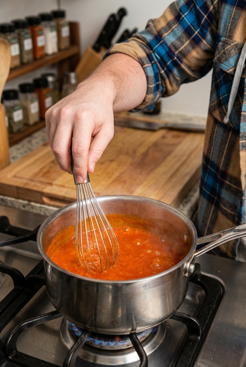 A hand whisking Buffalo wing sauce in a small saucepan on low heat