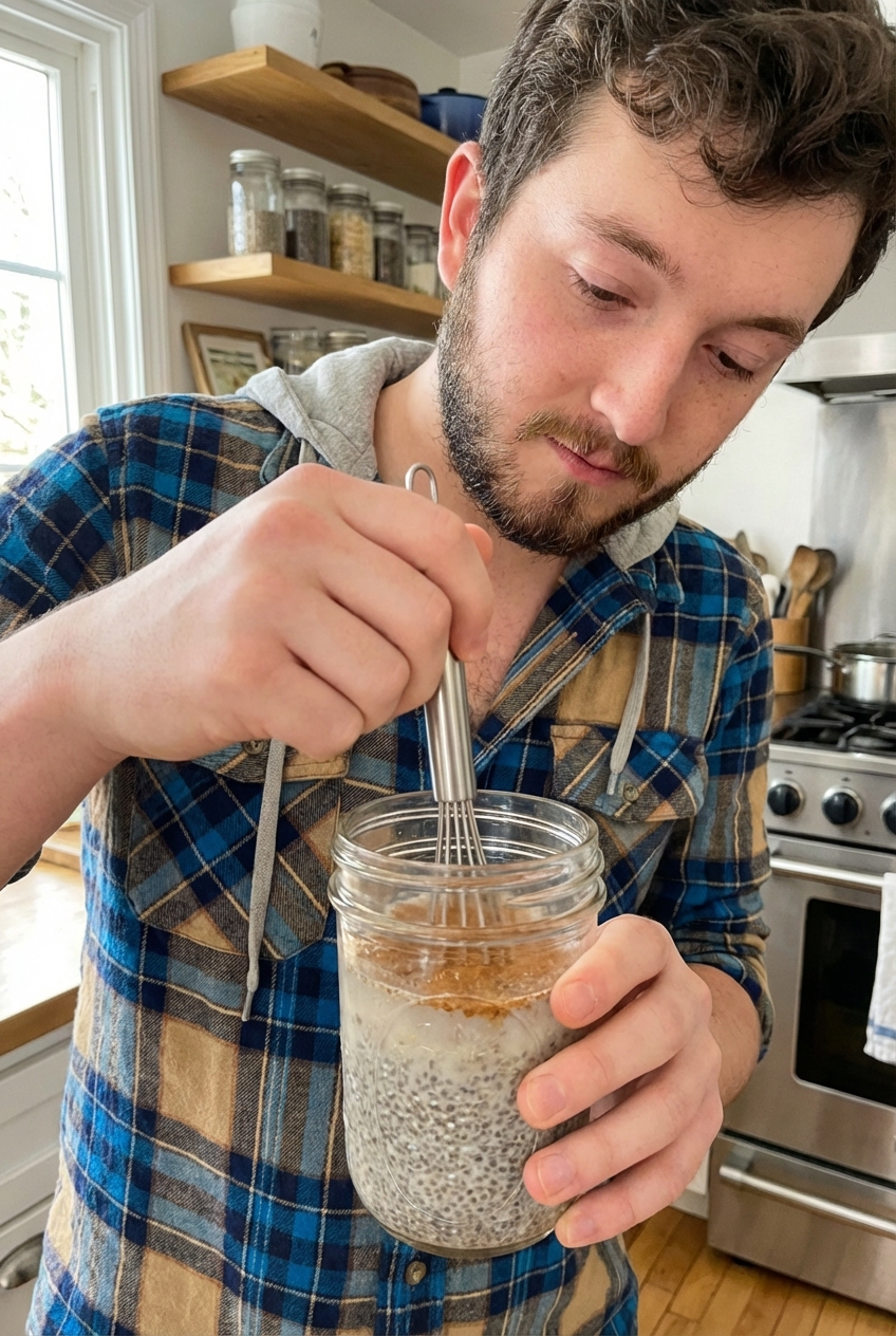 A hand whisking a chia drink in a glass jar with cinnamon floating on top