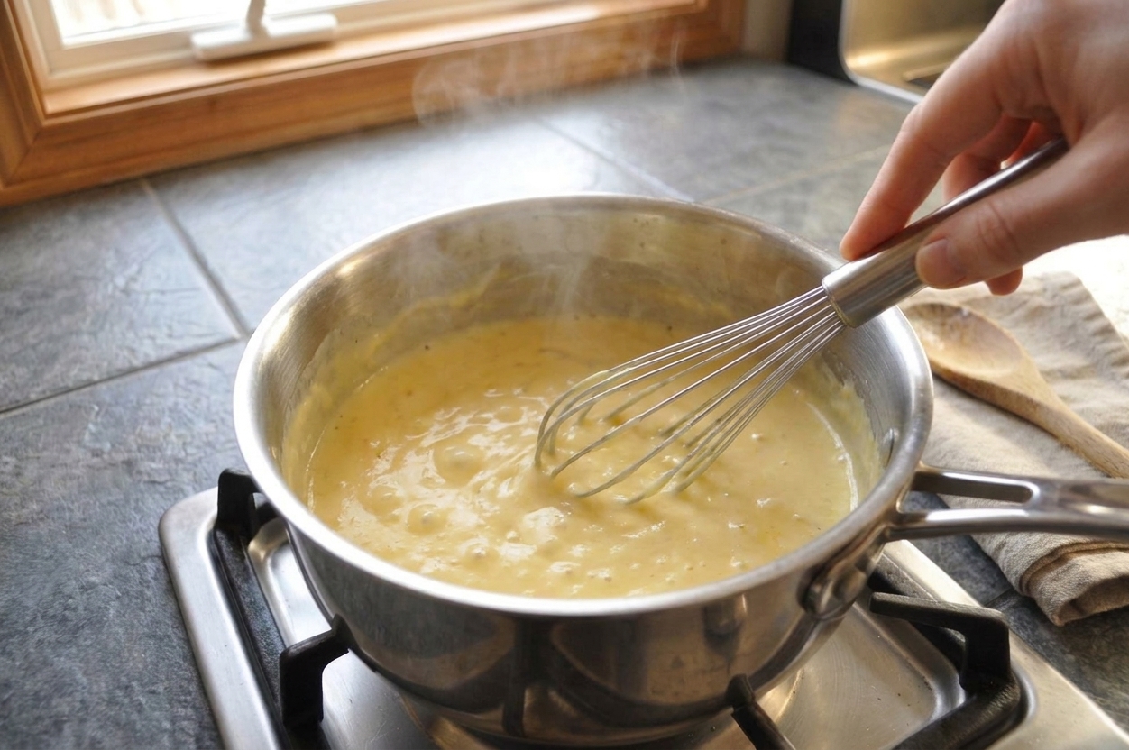 A hand whisking a creamy cheese sauce in a saucepan as it thickens on the stovetop