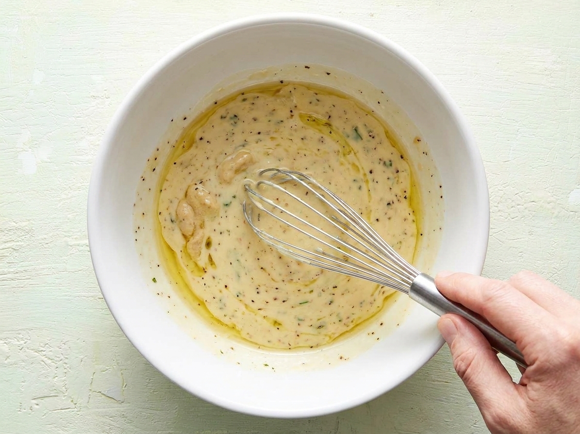 A hand whisking a creamy lemon Dijon dressing in a white mixing bowl on a kitchen counter