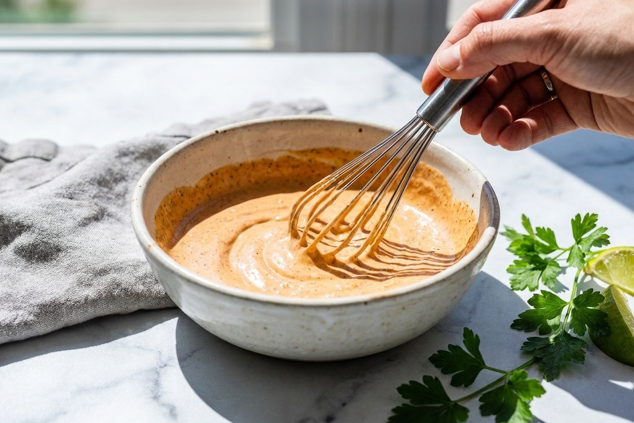 A hand whisking a creamy orange-tinted sauce in a small ceramic bowl on a kitchen counter