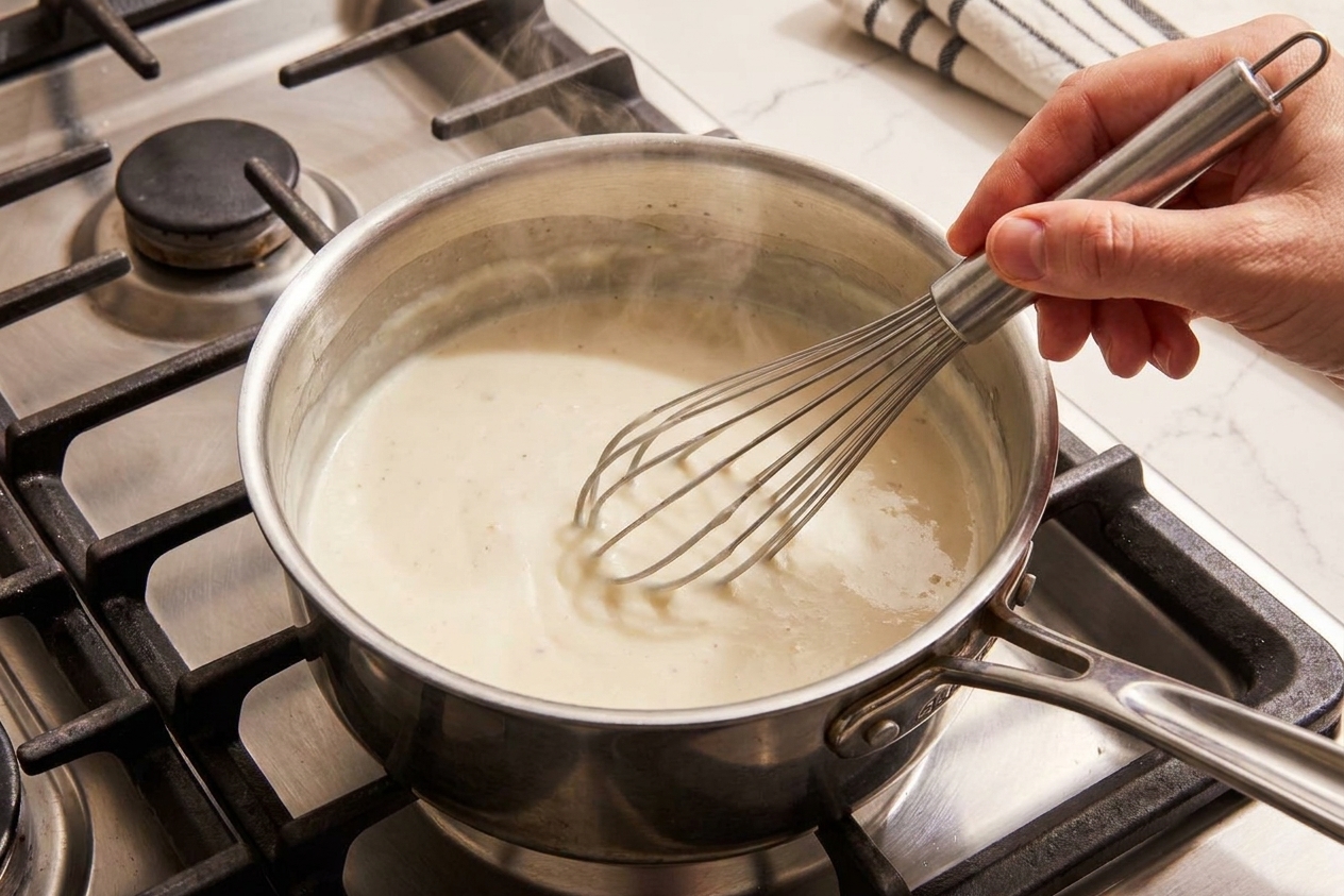 A hand whisking a creamy white sauce in a saucepan on a stovetop with steam rising in warm kitchen lighting