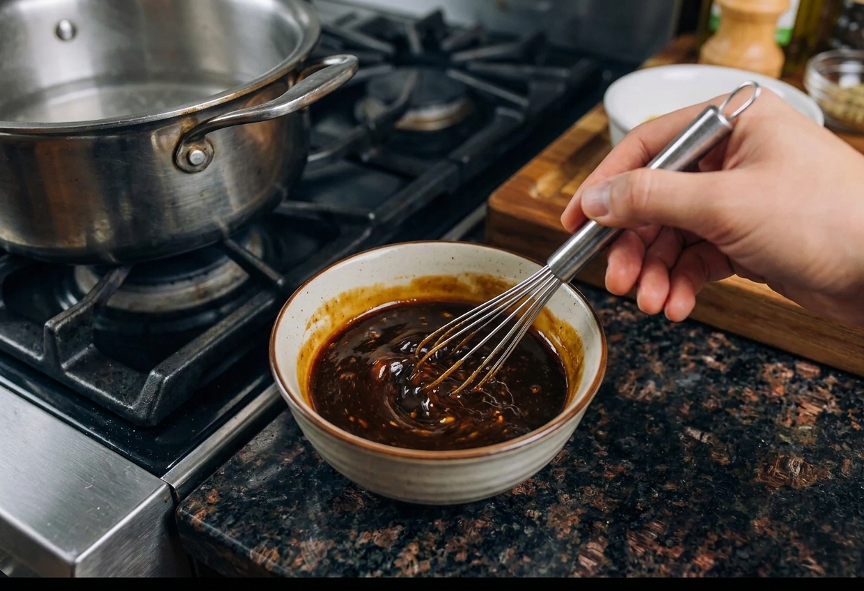 A hand whisking a dark lo mein sauce mixture in a small bowl on a kitchen counter