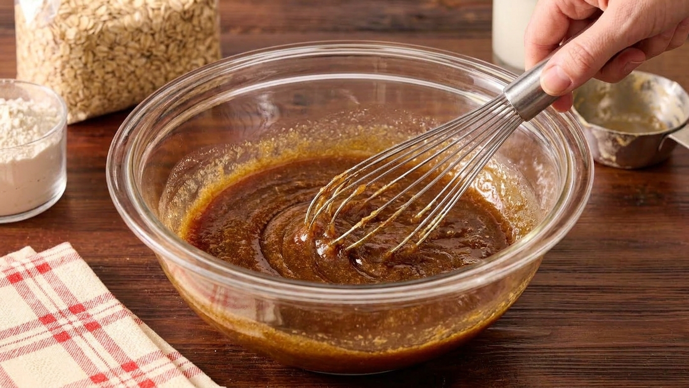 A hand whisking a glossy brown sugar and butter mixture in a glass bowl on a kitchen counter