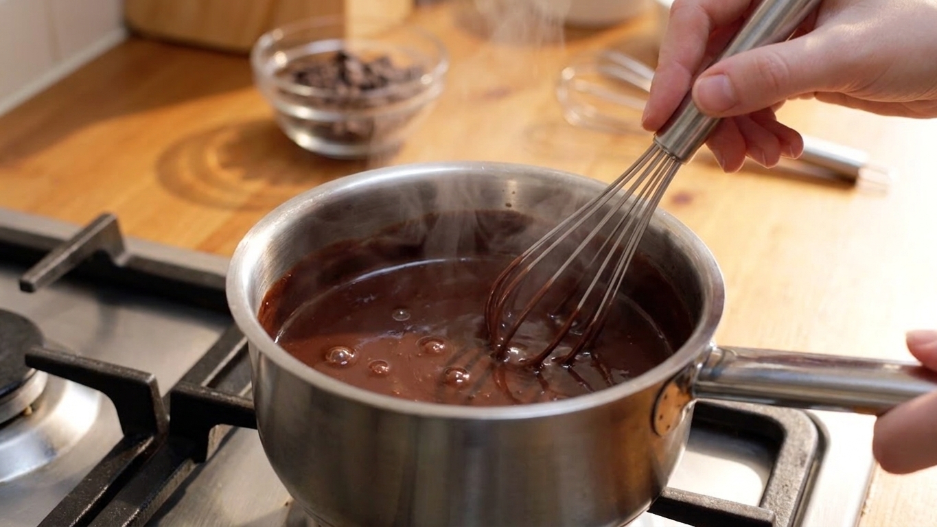 A hand whisking a glossy chocolate mixture in a small saucepan on the stove, with steam gently rising