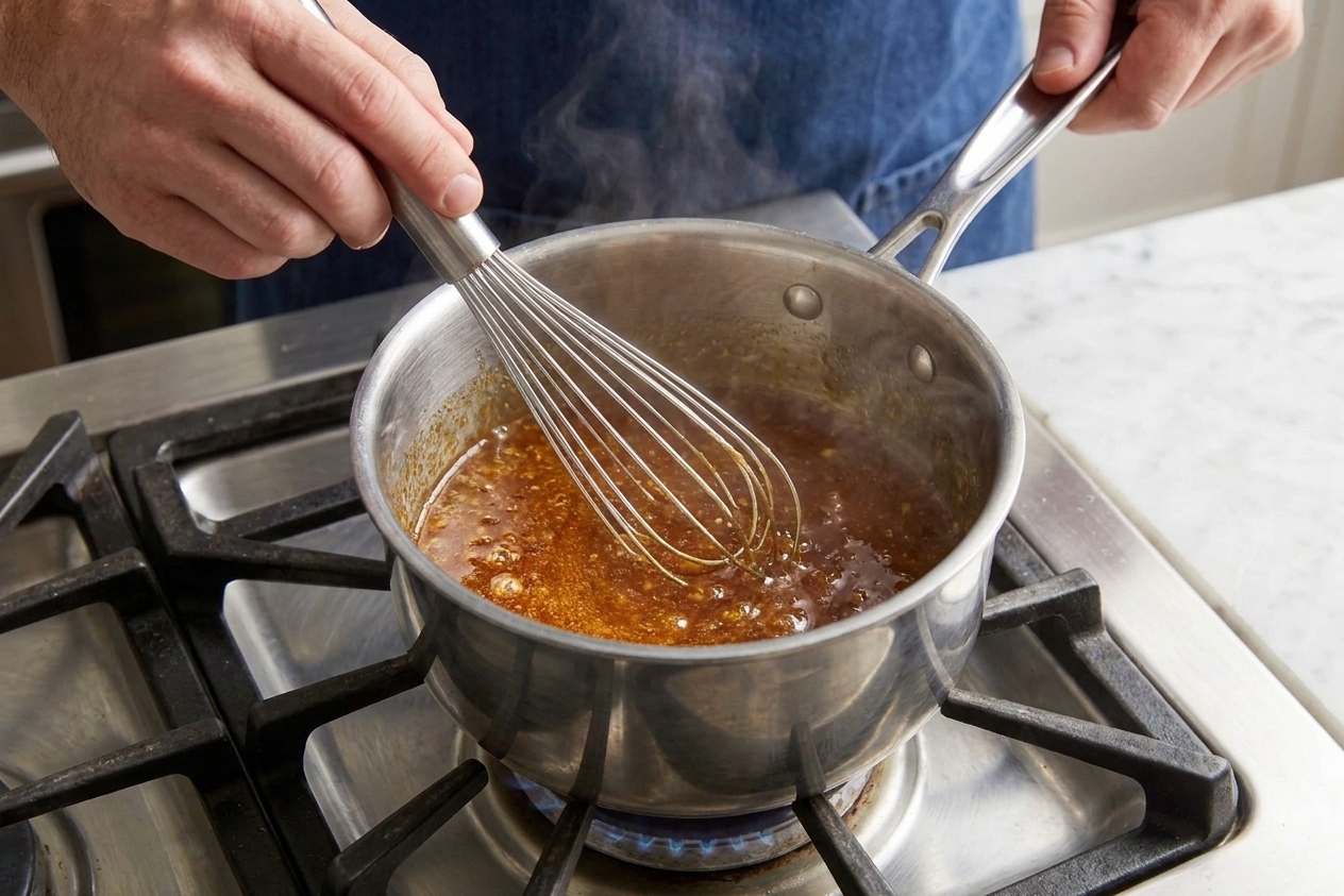 A hand whisking a glossy honey glaze in a small saucepan on a stovetop