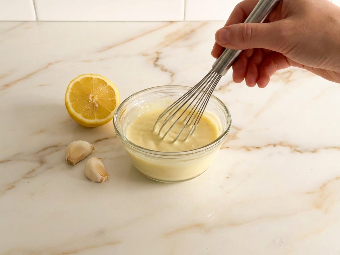 A hand whisking a lemony yogurt sauce in a small bowl on a kitchen counter with a lemon and garlic nearby