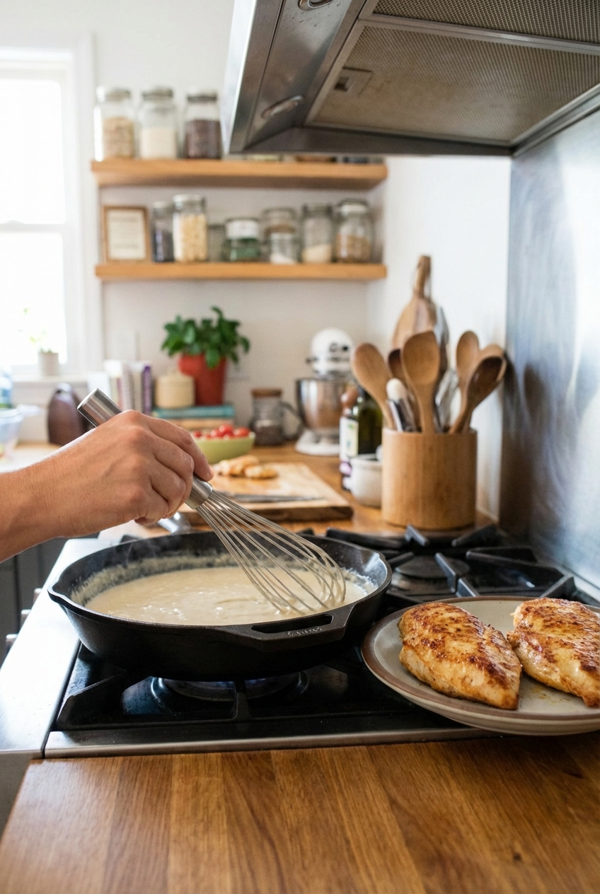 A hand whisking a light creamy sauce in a skillet next to seared chicken cutlets