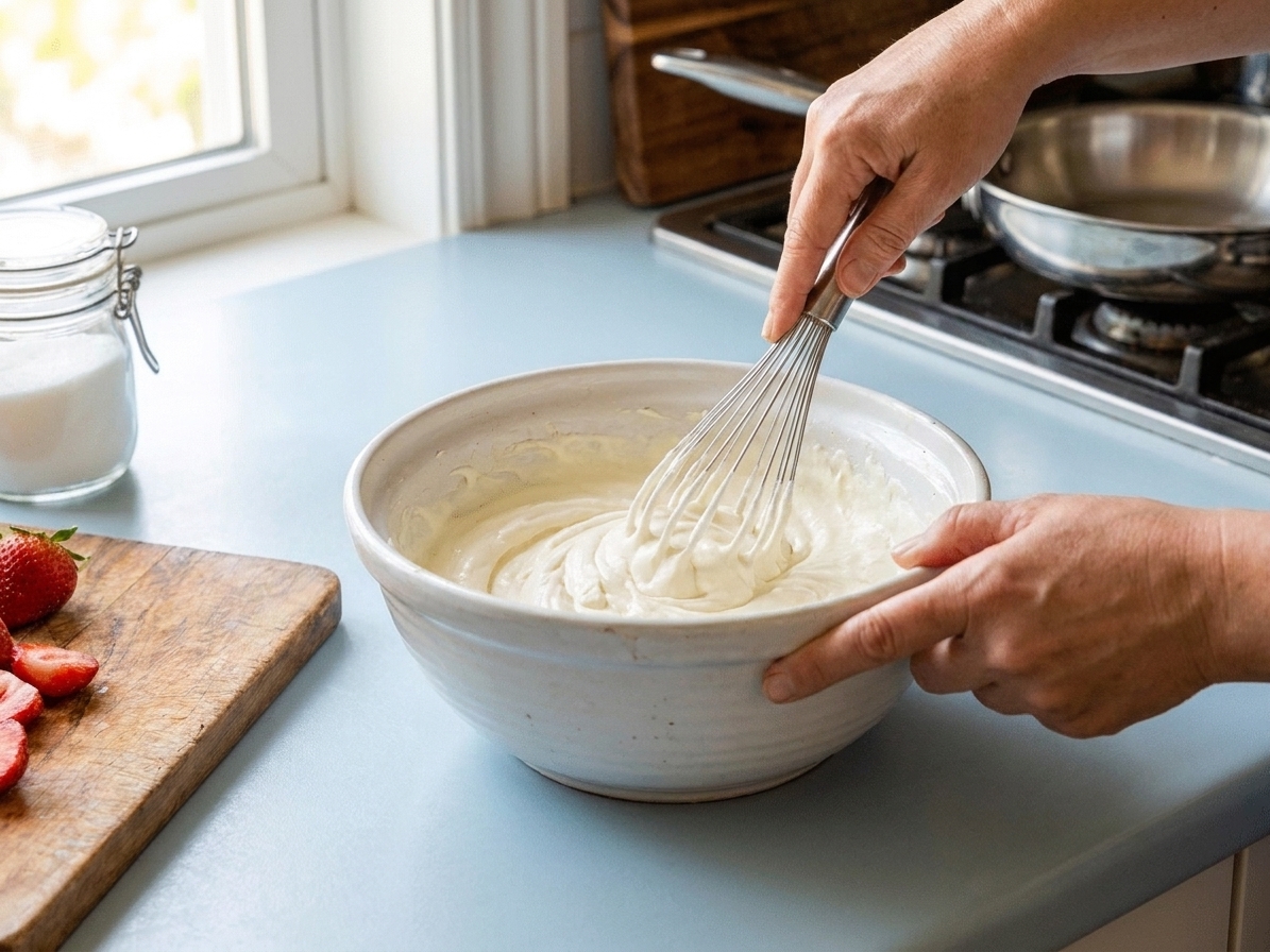 A hand whisking a pale cream mixture in a ceramic mixing bowl on a kitchen counter